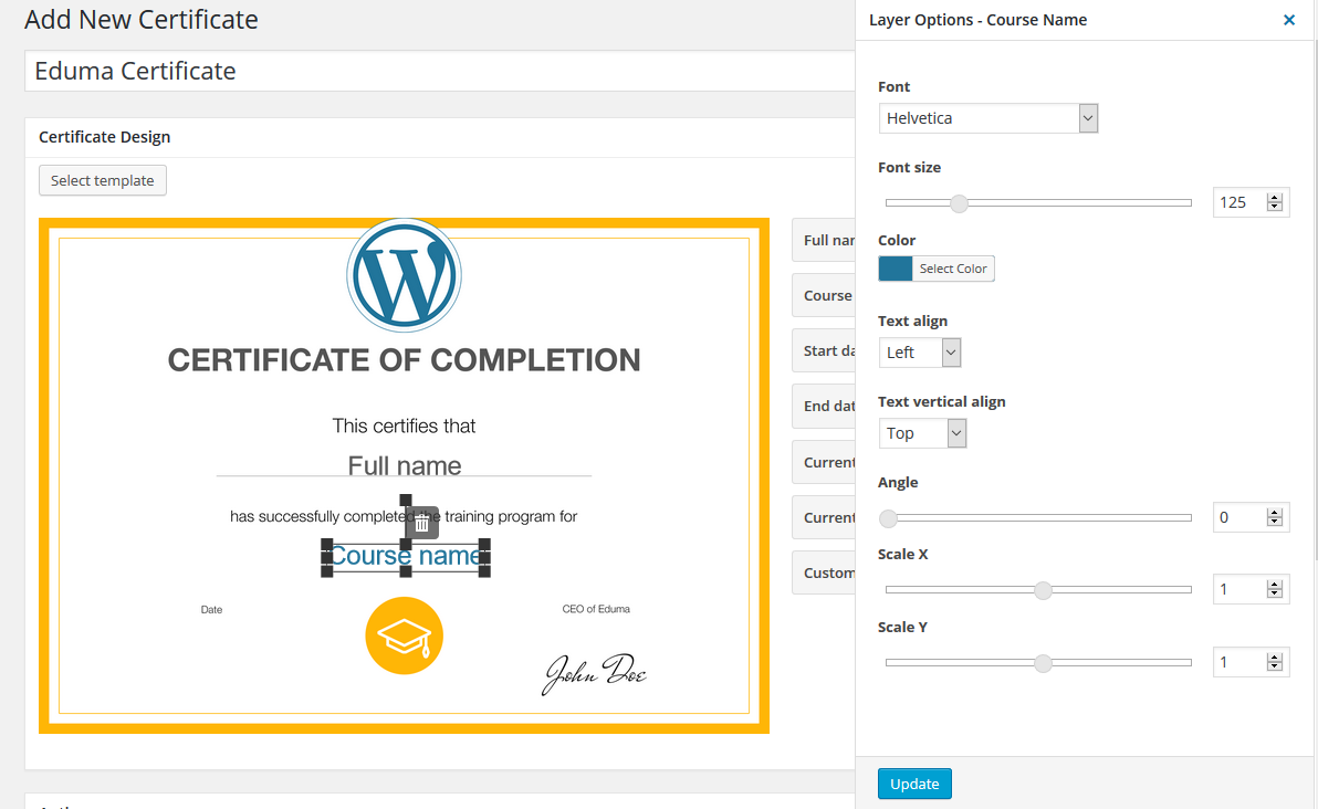 Course name. Certificate font.