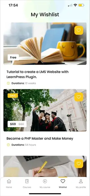 Eduma education WordPress theme mobile app - my wishlist layout