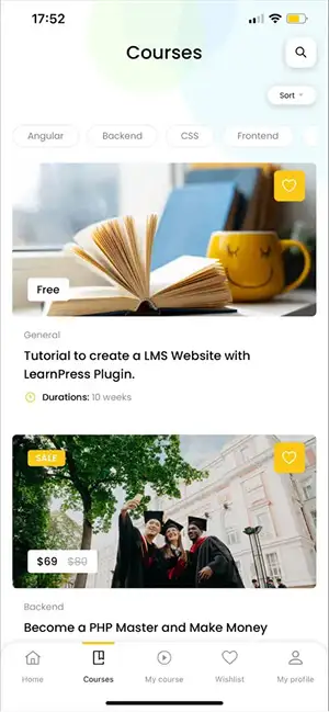 Eduma education WordPress theme mobile app - layout courses